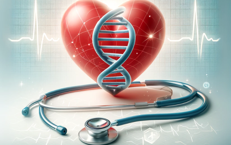 Heart with DNA double helix symbolizing genetic testing for heart disease