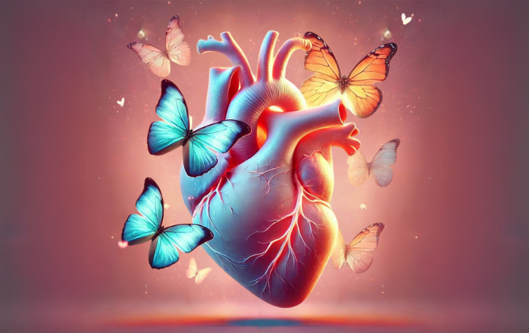 Anatomically accurate human heart with glowing butterflies fluttering around it in a surreal, ethereal image.