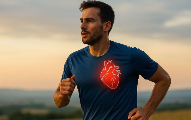 A male runner in his 30s jogs outdoors at sunset, wearing a blue athletic shirt with a glowing red heart graphic over his chest, symbolizing athlete’s heart.