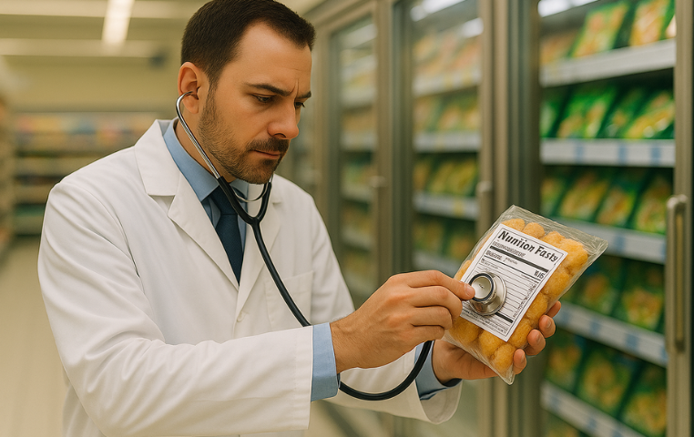 A doctor in a white coat uses a stethoscope to examine the nutrition label on a frozen food package in a grocery store freezer aisle.