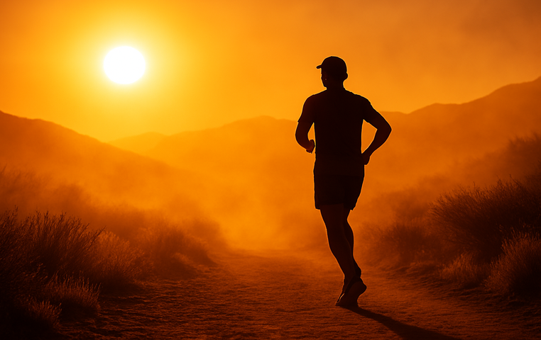 Silhouette of a runner at sunset in extreme heat, highlighting the physical toll of hot weather on endurance athletes.