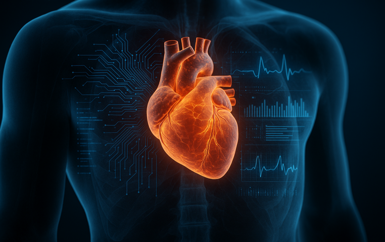 Anatomical heart illuminated with data overlays and circuit patterns inside a translucent human chest, symbolizing the integration of AI and heart health.